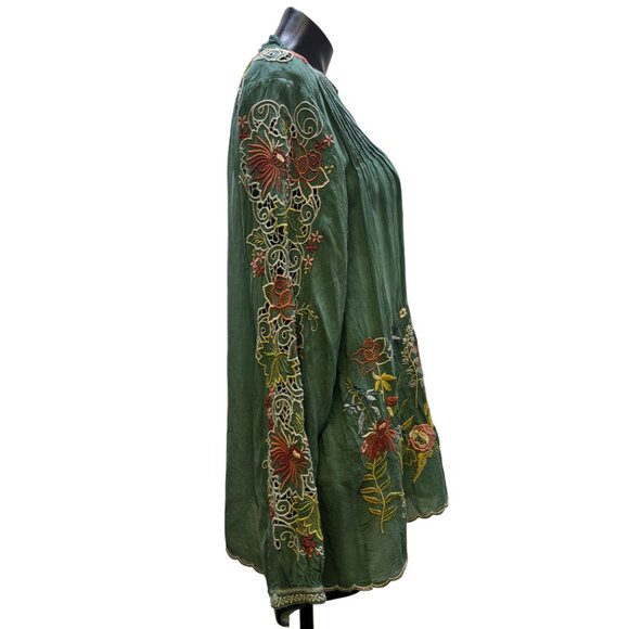 Johnny Was Embroidered Silk Blouse Green XL - Picture 3 of 6